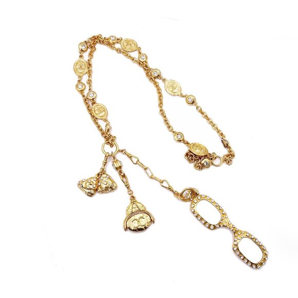 Chanel Vintage Gold Plated CC Coin 3 Charm Magnifying Glasses Long Necklace - Picture 1 of 6